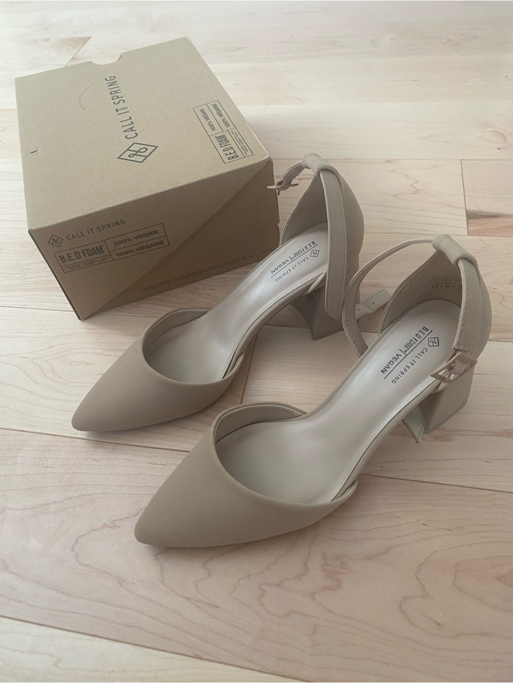 Call It Spring Taupe Pointed-Toe Ankle Strap Block Heels